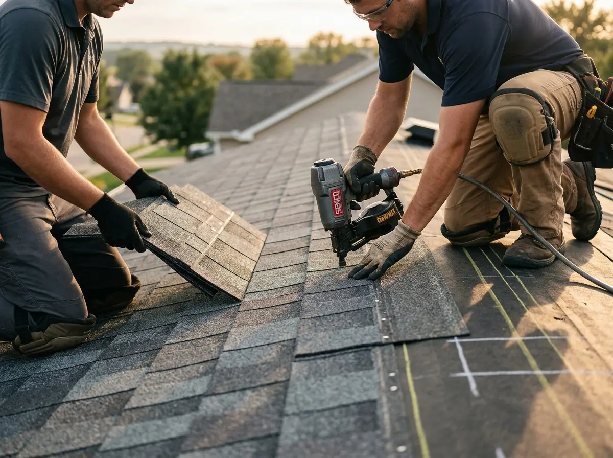 Professional roofer working on a residential roof in Marshall